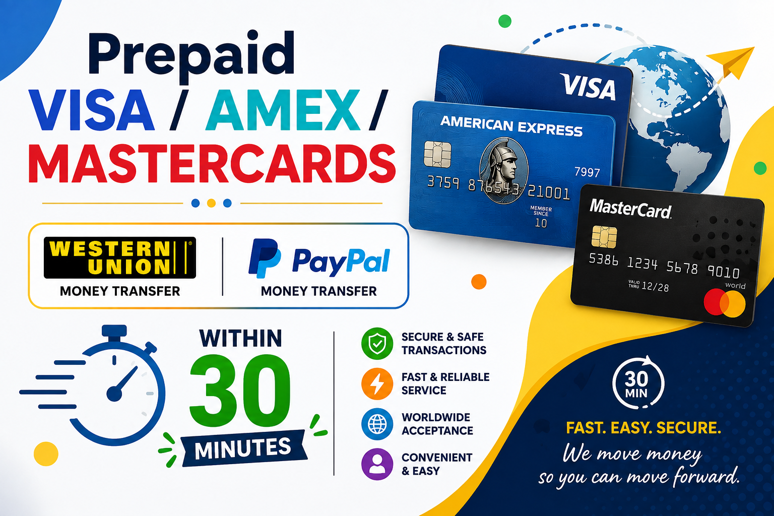 Prepaid VISA / Amex / MasterCards - Western Union and PayPal Moneytransfer Slide 1
