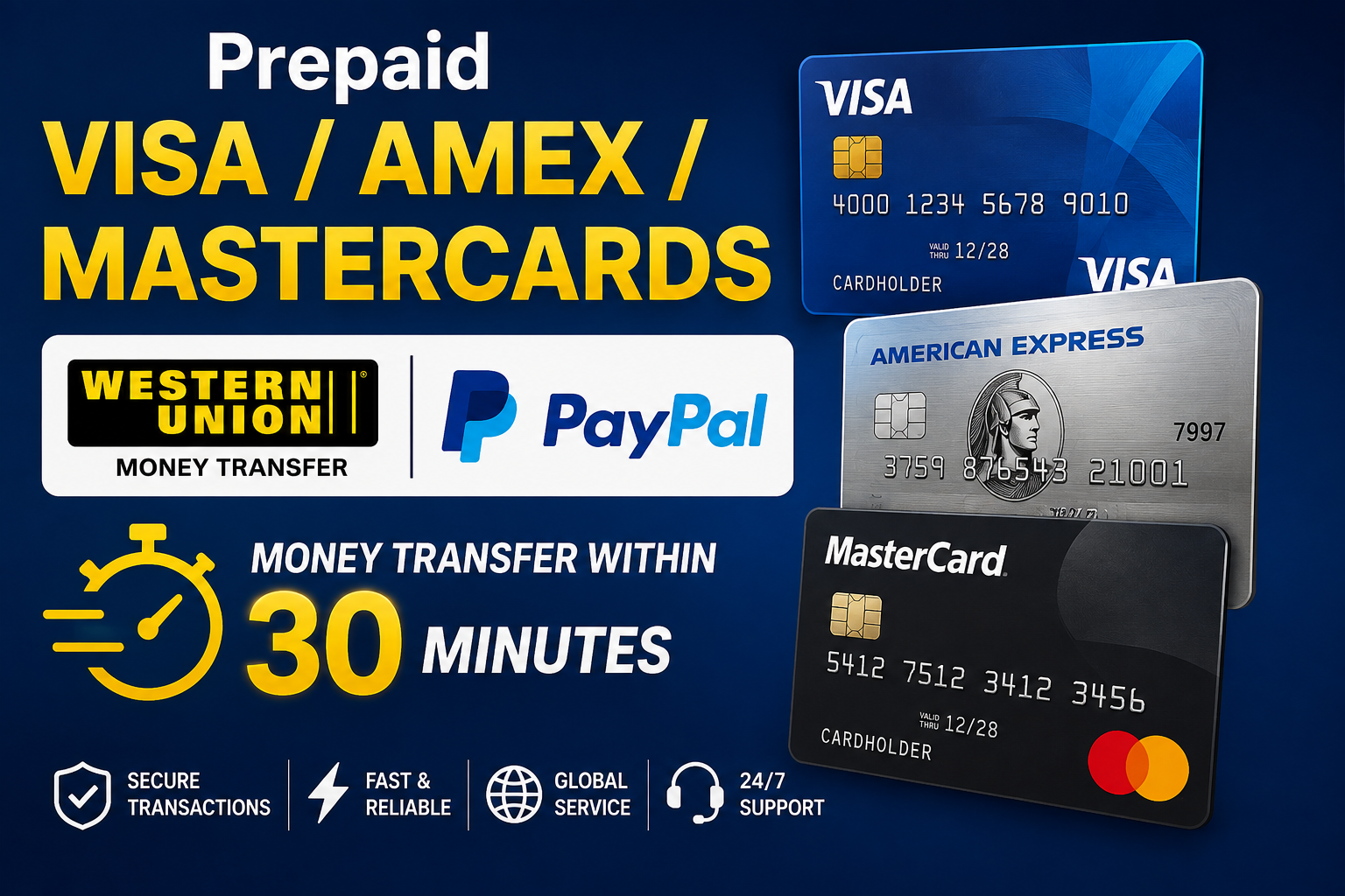 Prepaid VISA / Amex / MasterCards - Western Union and PayPal Moneytransfer
